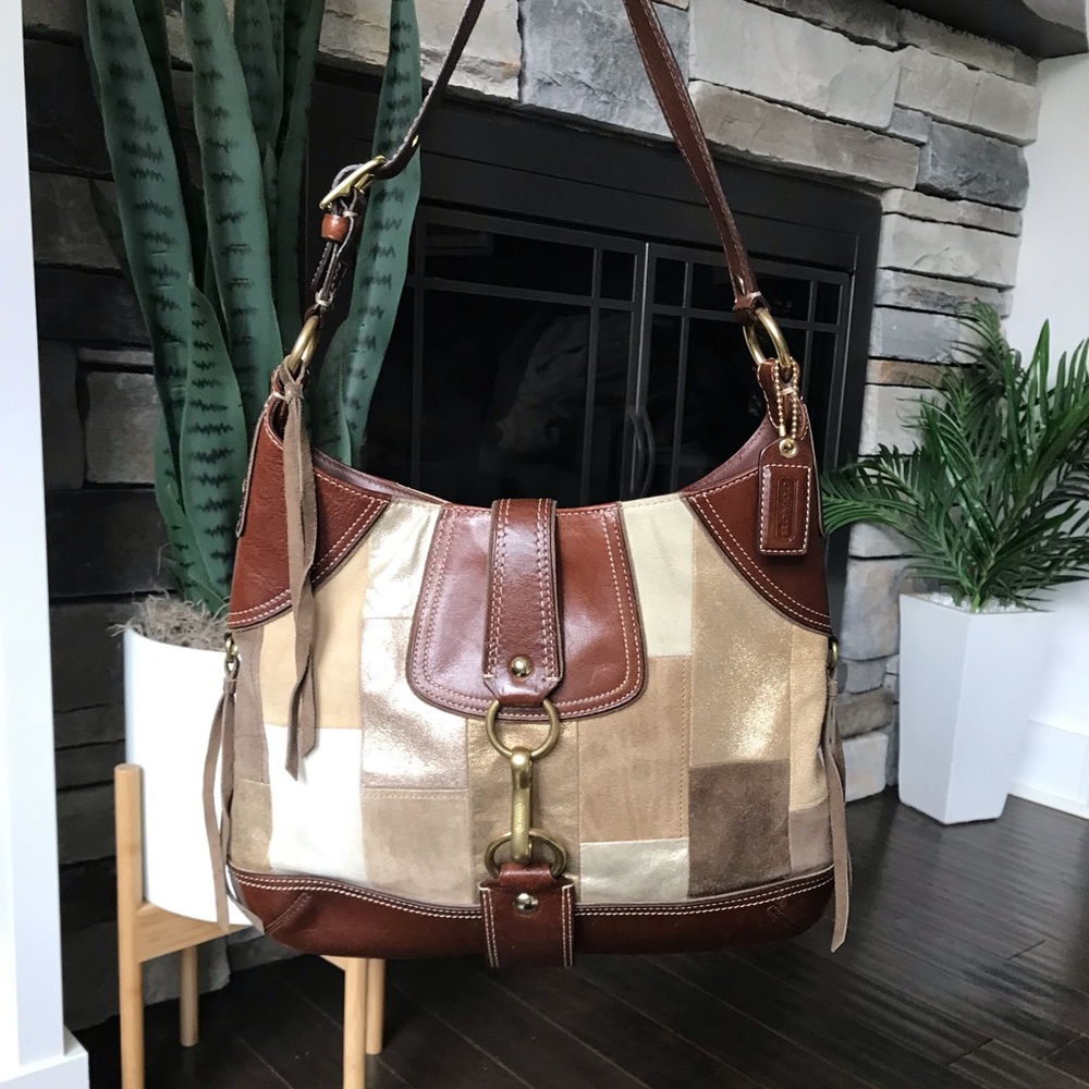 Coach Vintage Hamptons Mosaic Patchwork Leather Bag, 10308, Y2K, Suede Fringe